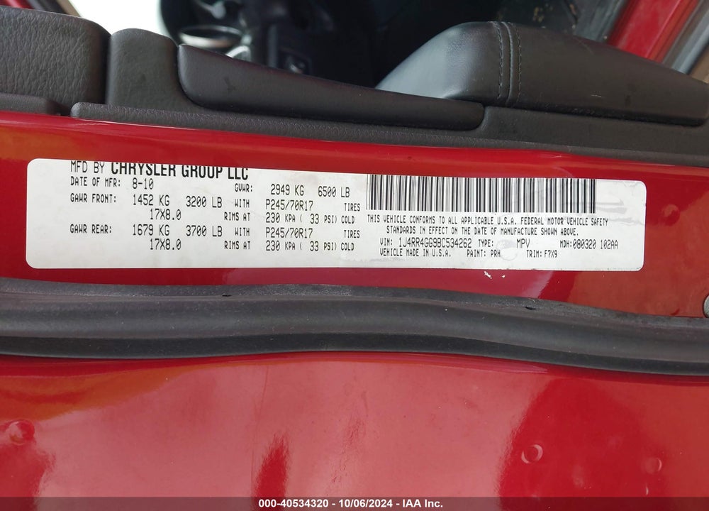 2011 JEEP GRAND CHEROKEE LAREDO VIN: 1J4RR4GG9BC534262