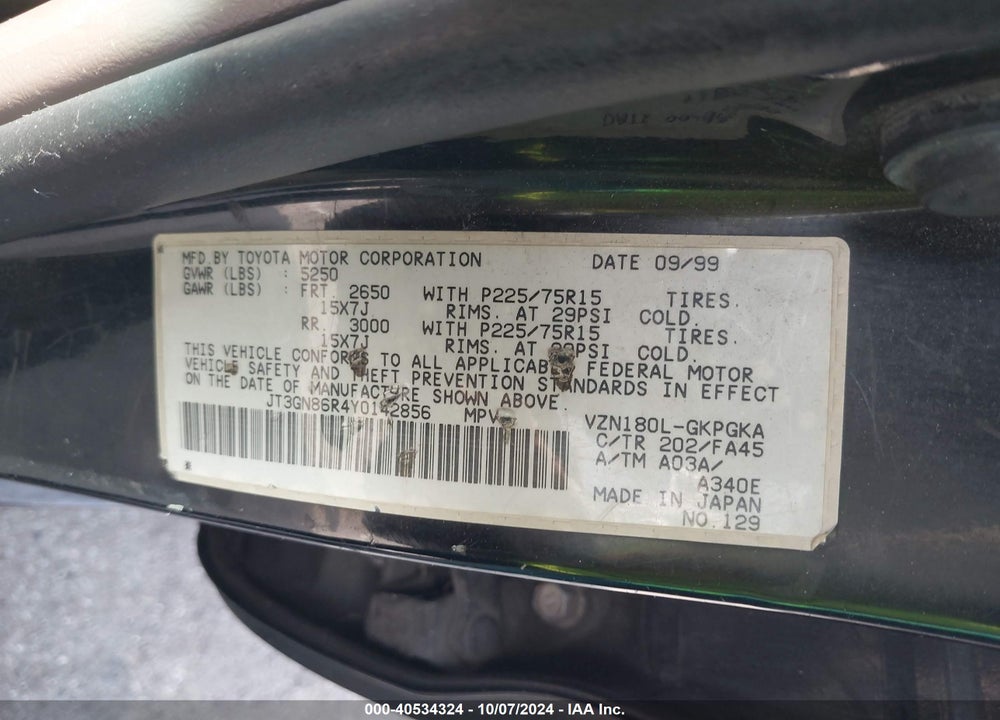 2000 TOYOTA 4RUNNER SR5 V6 VIN: JT3GN86R4Y0142856
