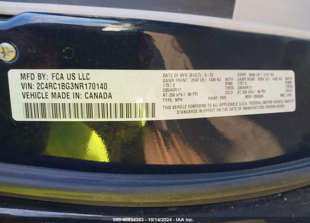2022 CHRYSLER PACIFICA TOURING L VIN: 2C4RC1BG3NR170140