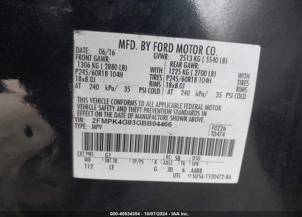 2016 FORD EDGE VIN: 2FMPK4G93GBB94466