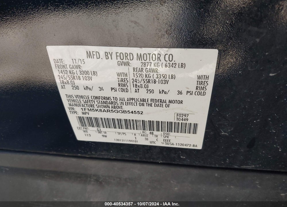 2016 FORD UTILITY POLICE INTERCEPTOR VIN: 1FM5K8AR5GGB54552