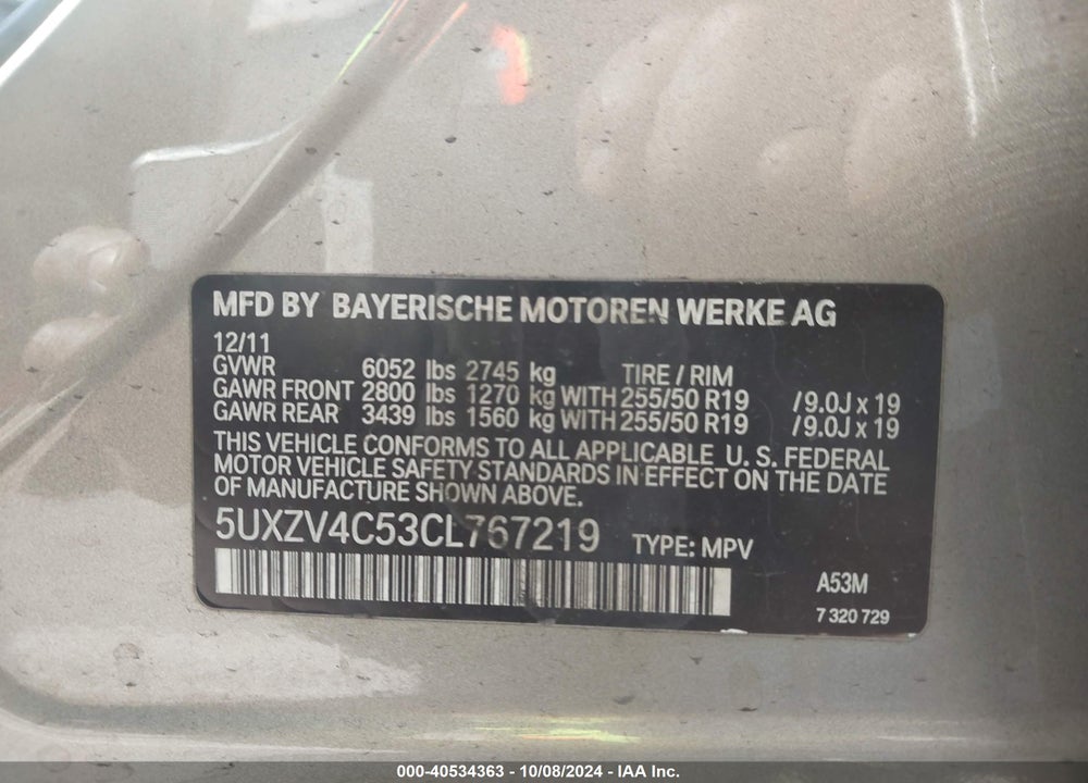 2012 BMW X5 XDRIVE35I/XDRIVE35I PREMIUM/XDRIVE35I SPORT ACTIVITY VIN: 5UXZV4C53CL767219