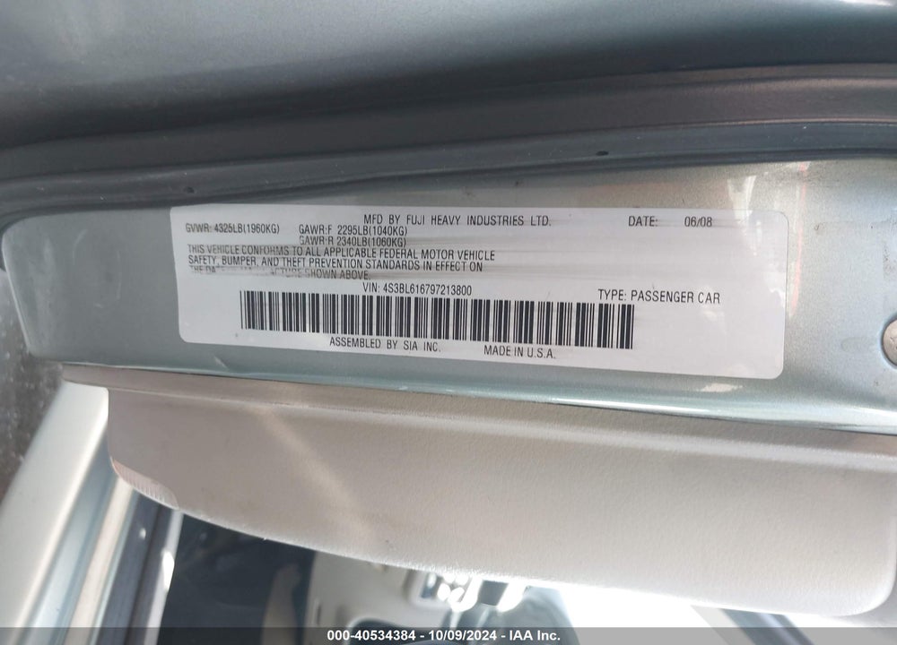 2009 SUBARU LEGACY 2.5I VIN: 4S3BL616797213800