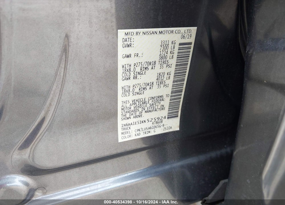 2019 NISSAN TITAN PRO-4X VIN: 1N6AA1E51KN525924