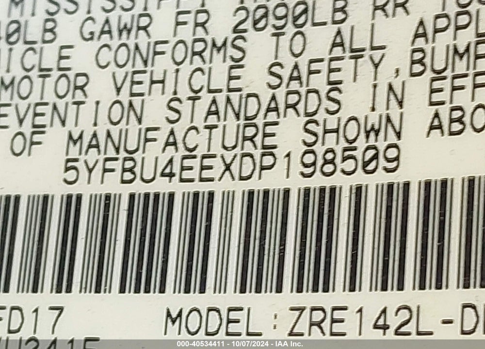 2013 TOYOTA COROLLA S VIN: 5YFBU4EEXDP198509