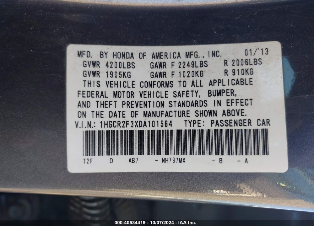 2013 HONDA ACCORD LX VIN: 1HGCR2F3XDA101564