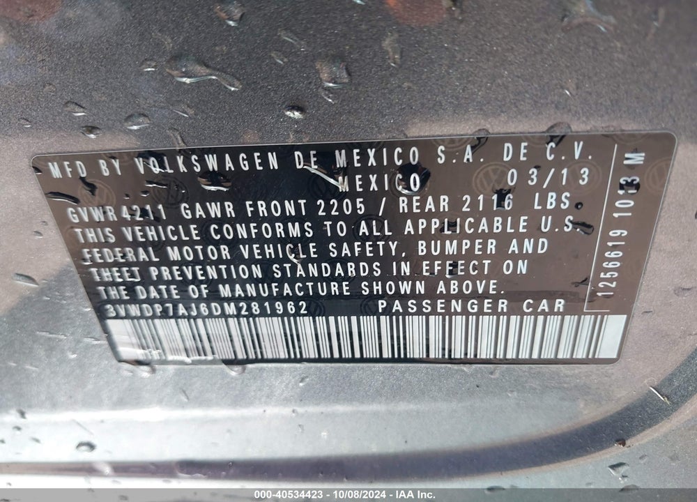 2013 VOLKSWAGEN JETTA 2.5L SE VIN: 3VWDP7AJ6DM281962