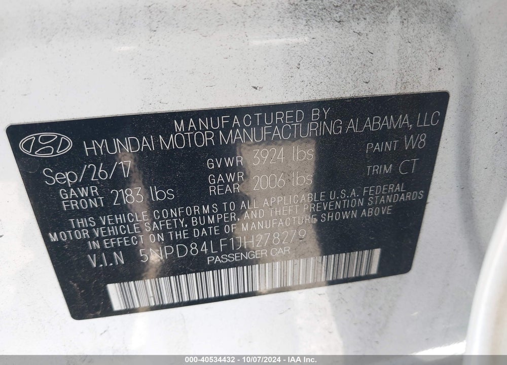 2018 HYUNDAI ELANTRA SEL VIN: 5NPD84LF1JH278279