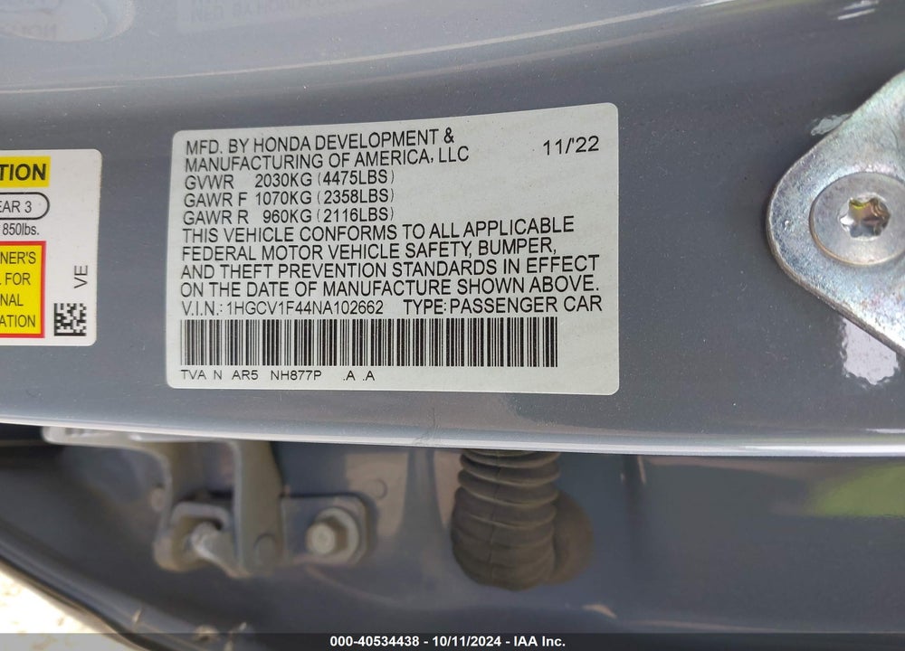 2022 HONDA ACCORD SPORT SPECIAL EDITION VIN: 1HGCV1F44NA102662