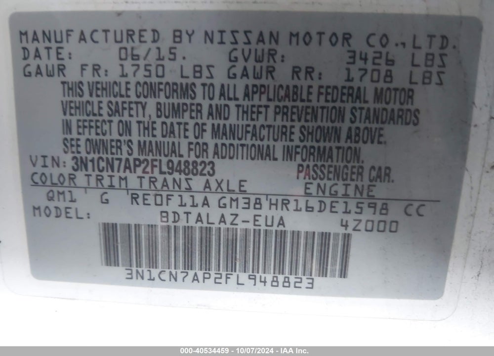 2015 NISSAN VERSA 1.6 S+ VIN: 3N1CN7AP2FL948823