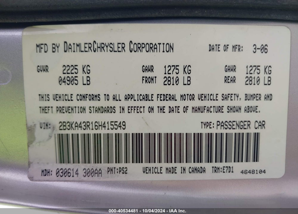 2006 DODGE CHARGER VIN: 2B3KA43R16H415549