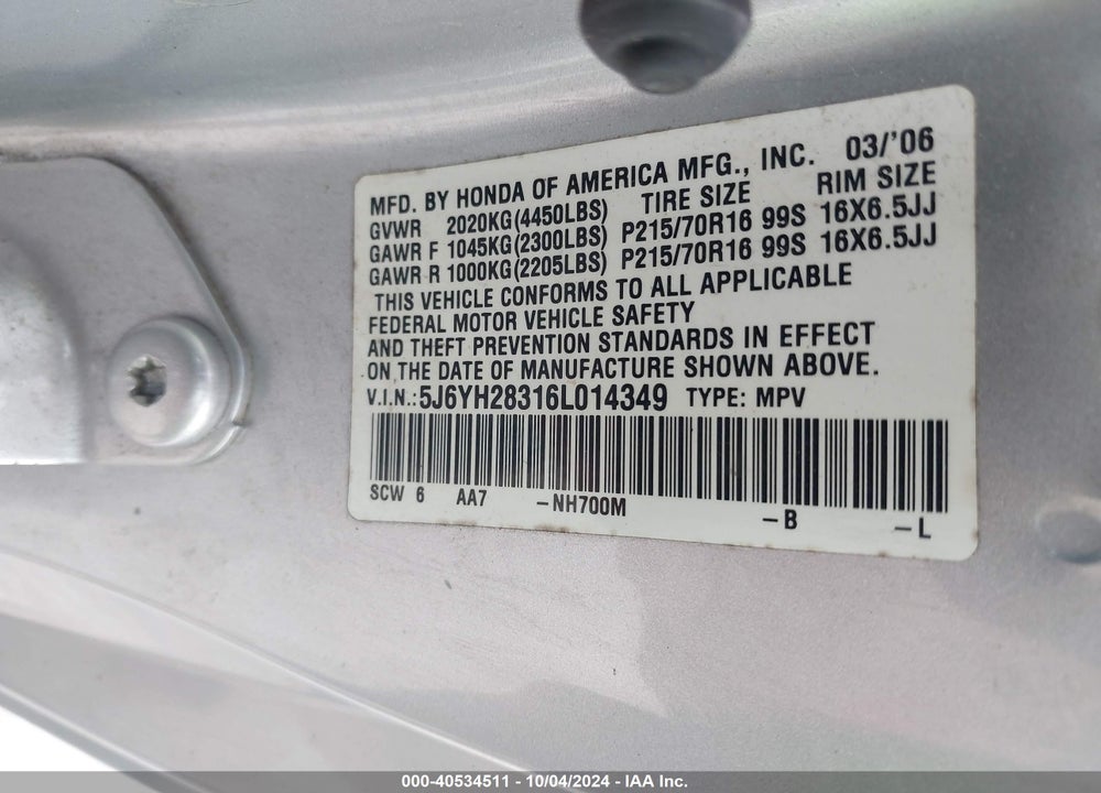 2006 HONDA ELEMENT LX VIN: 5J6YH28316L014349