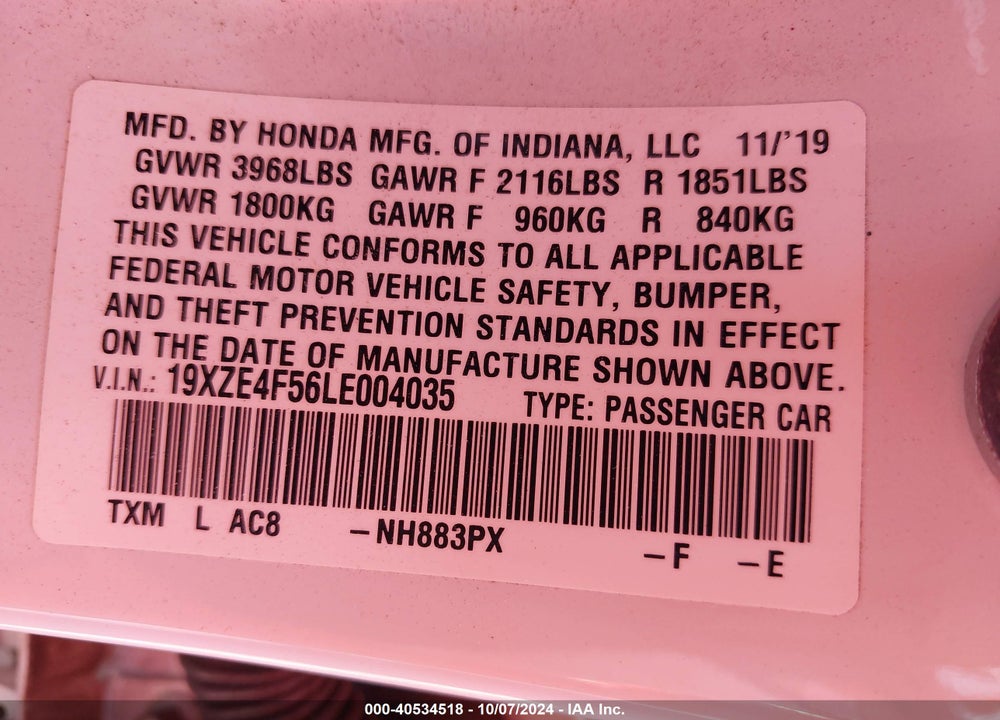 2020 HONDA INSIGHT EX VIN: 19XZE4F56LE004035