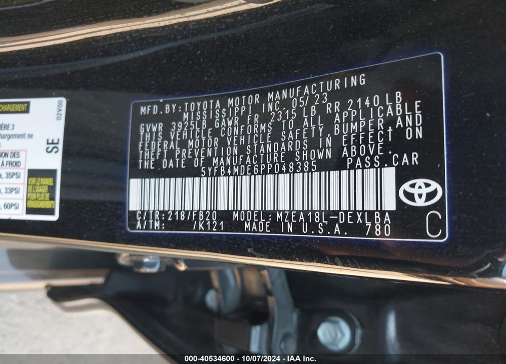 2023 TOYOTA COROLLA LE VIN: 5YFB4MDE6PP048385