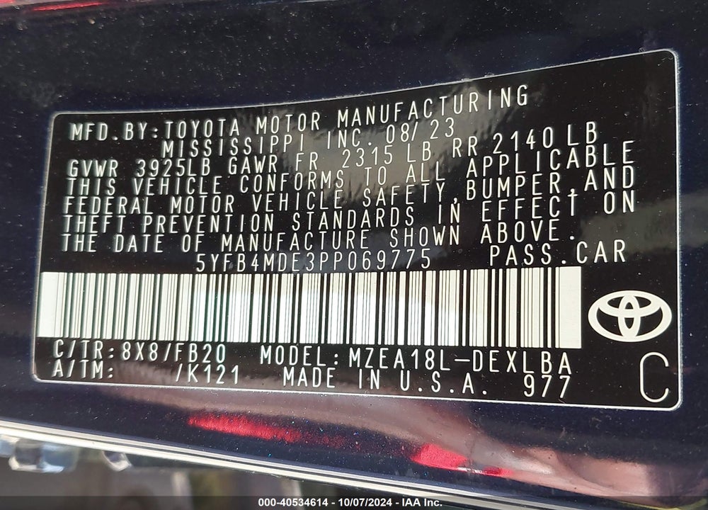 2023 TOYOTA COROLLA LE VIN: 5YFB4MDE3PP069775