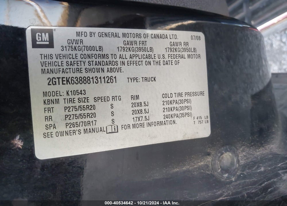 2008 GMC SIERRA 1500 DENALI VIN: 2GTEK638881311261