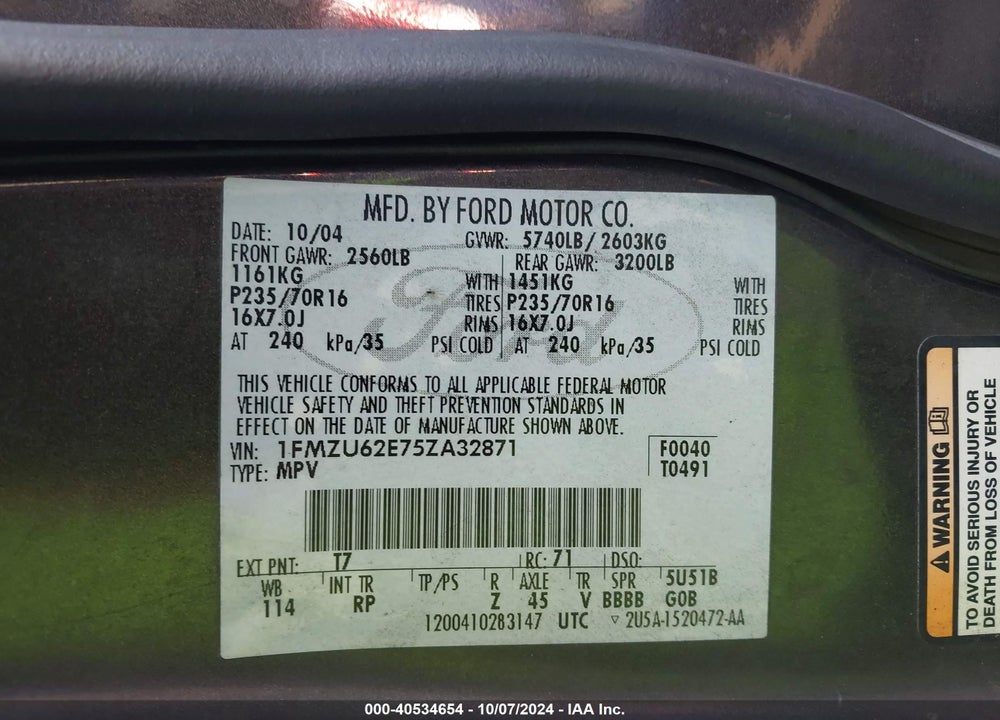 2005 FORD EXPLORER XLS/XLS SPORT VIN: 1FMZU62E75ZA32871