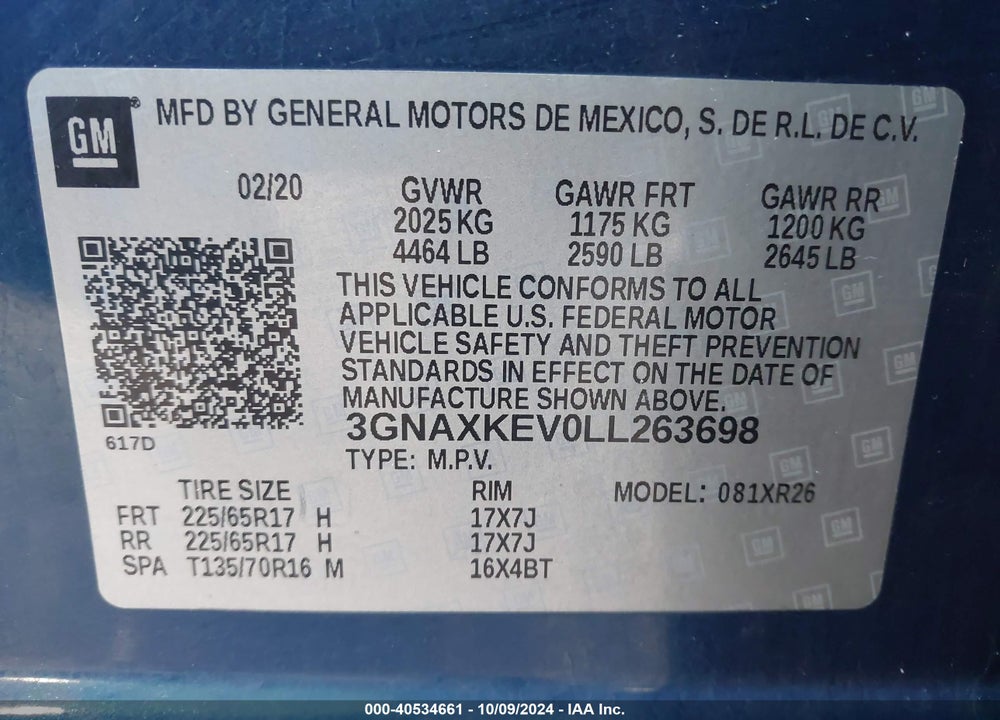 2020 CHEVROLET EQUINOX FWD LT 1.5L TURBO VIN: 3GNAXKEV0LL263698