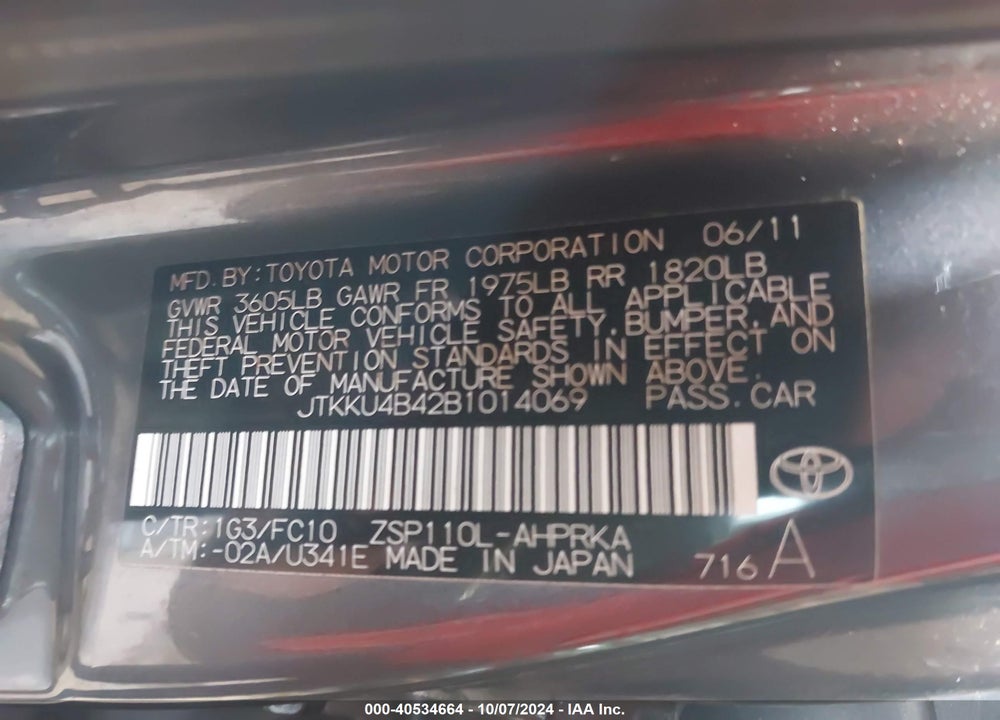 2011 SCION XD VIN: JTKKU4B42B1014069