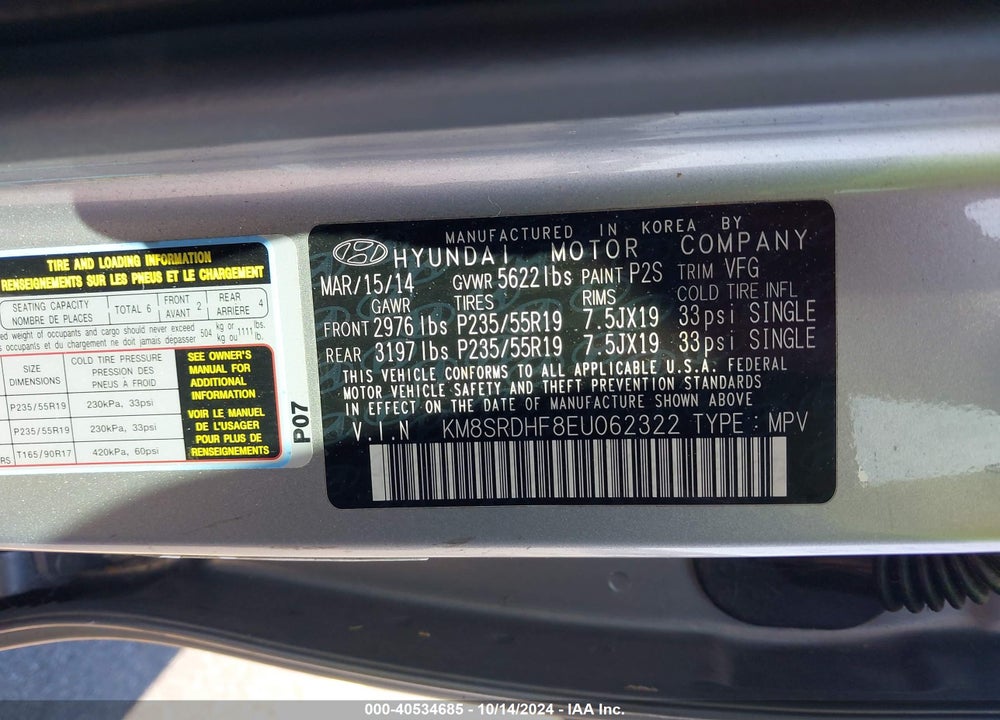 2014 HYUNDAI SANTA FE LIMITED VIN: KM8SRDHF8EU062322