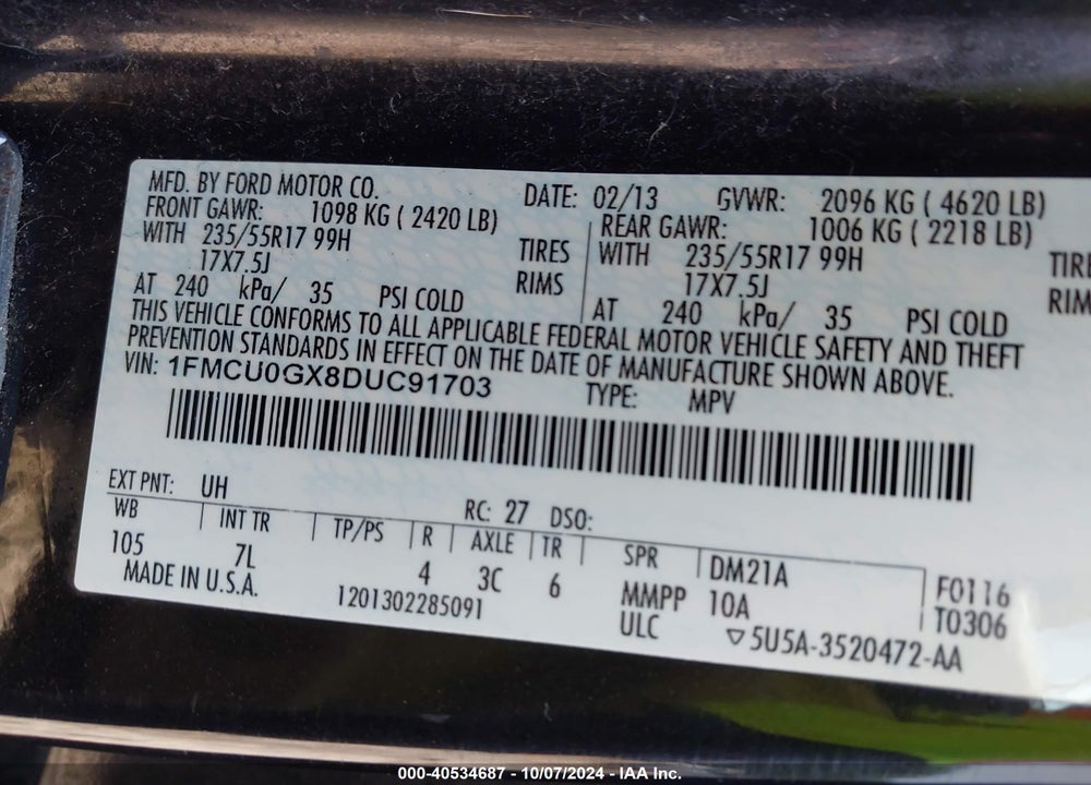 2013 FORD ESCAPE SE VIN: 1FMCU0GX8DUC91703