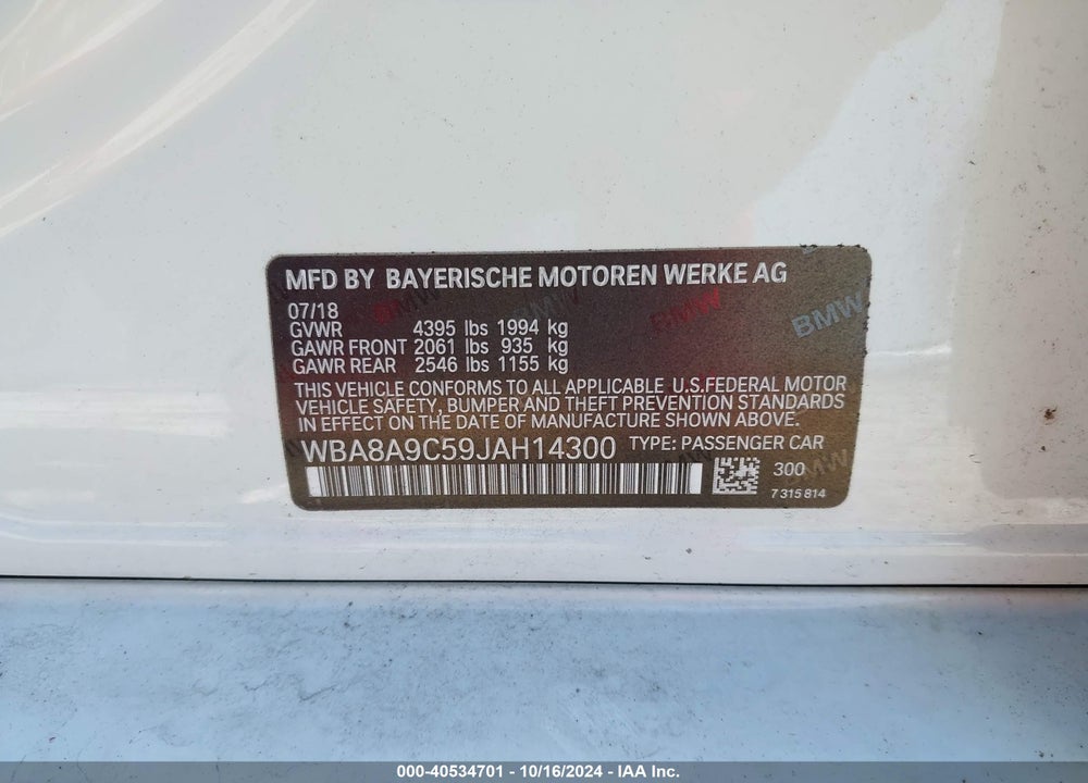 2018 BMW 320I VIN: WBA8A9C59JAH14300