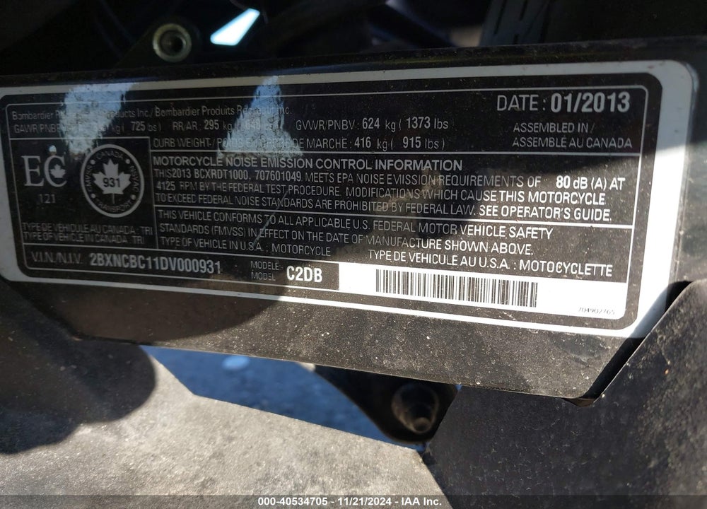 2013 CAN-AM SPYDER ROADSTER ST/STS/ST LIMITED VIN: 2BXNCBC11DV000931