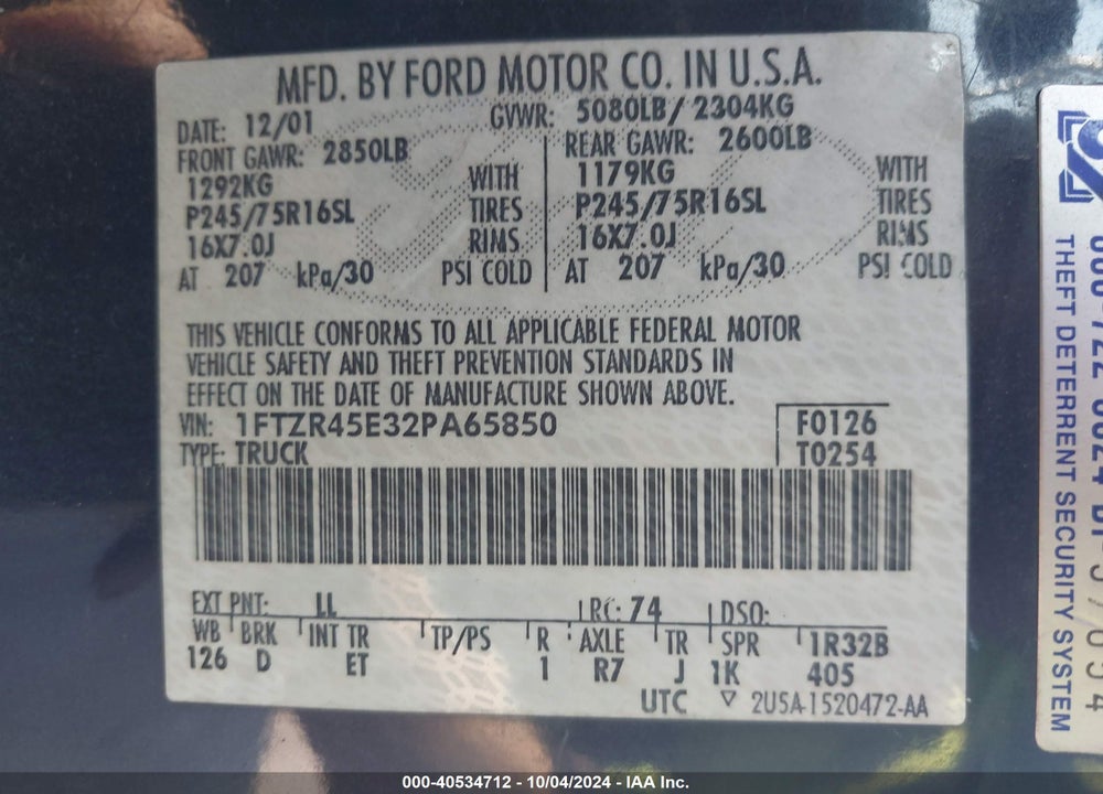 2002 FORD RANGER EDGE/XLT VIN: 1FTZR45E32PA65850