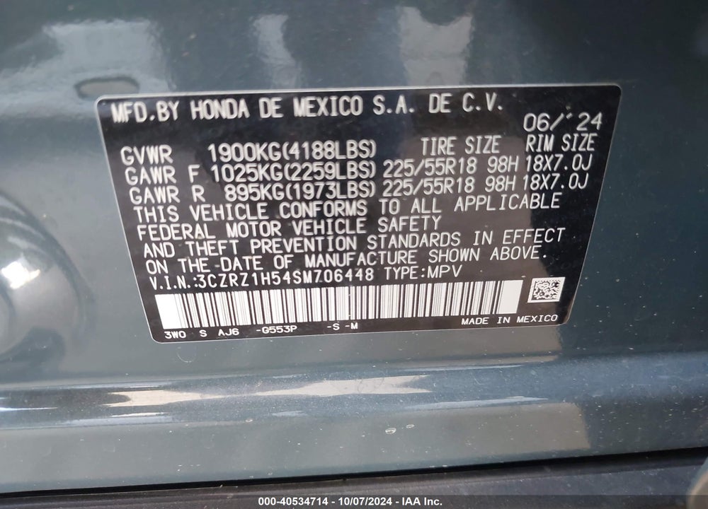 2025 HONDA HR-V 2WD SPORT VIN: 3CZRZ1H54SM706448