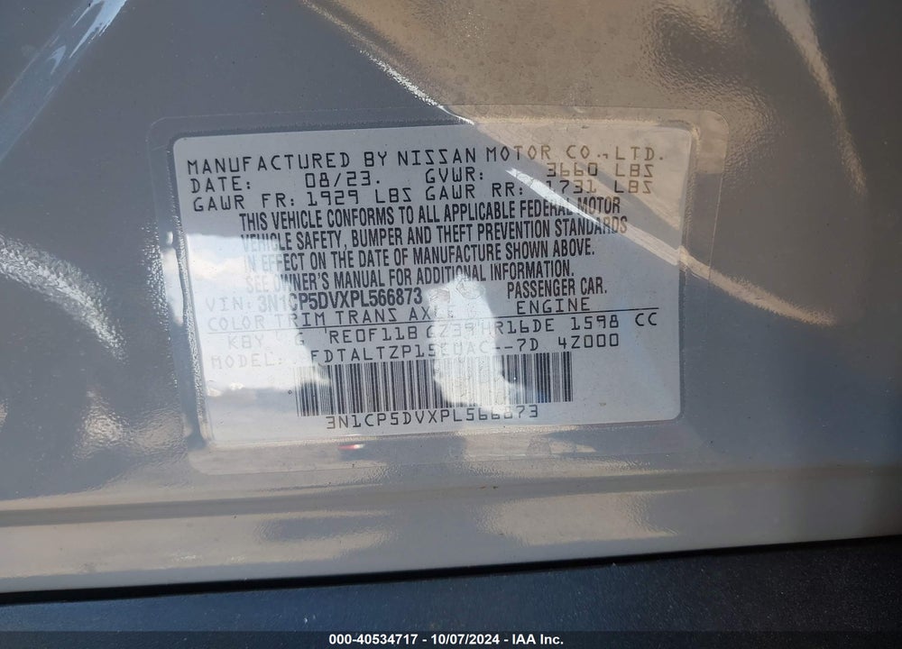 2023 NISSAN KICKS SR XTRONIC CVT VIN: 3N1CP5DVXPL566873