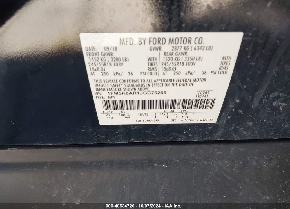 2018 FORD POLICE INTERCEPTOR UTILITY VIN: 1FM5K8AR1JGC76266