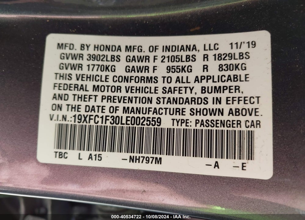 2020 HONDA CIVIC EX VIN: 19XFC1F30LE002559