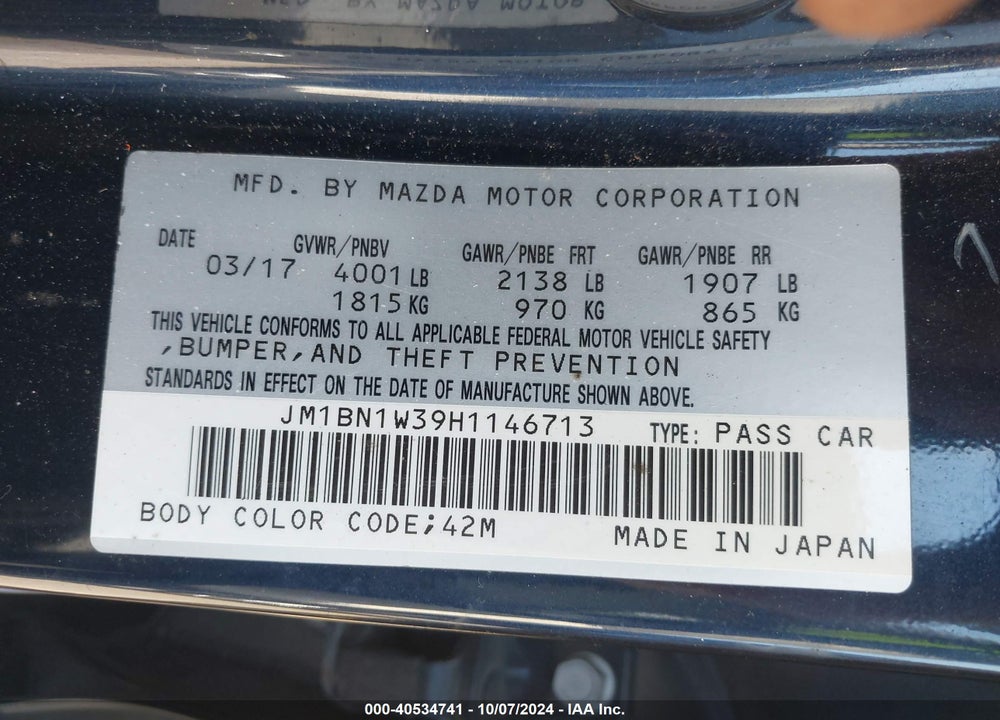 2017 MAZDA 3 GRAND TOURING VIN: JM1BN1W39H1146713
