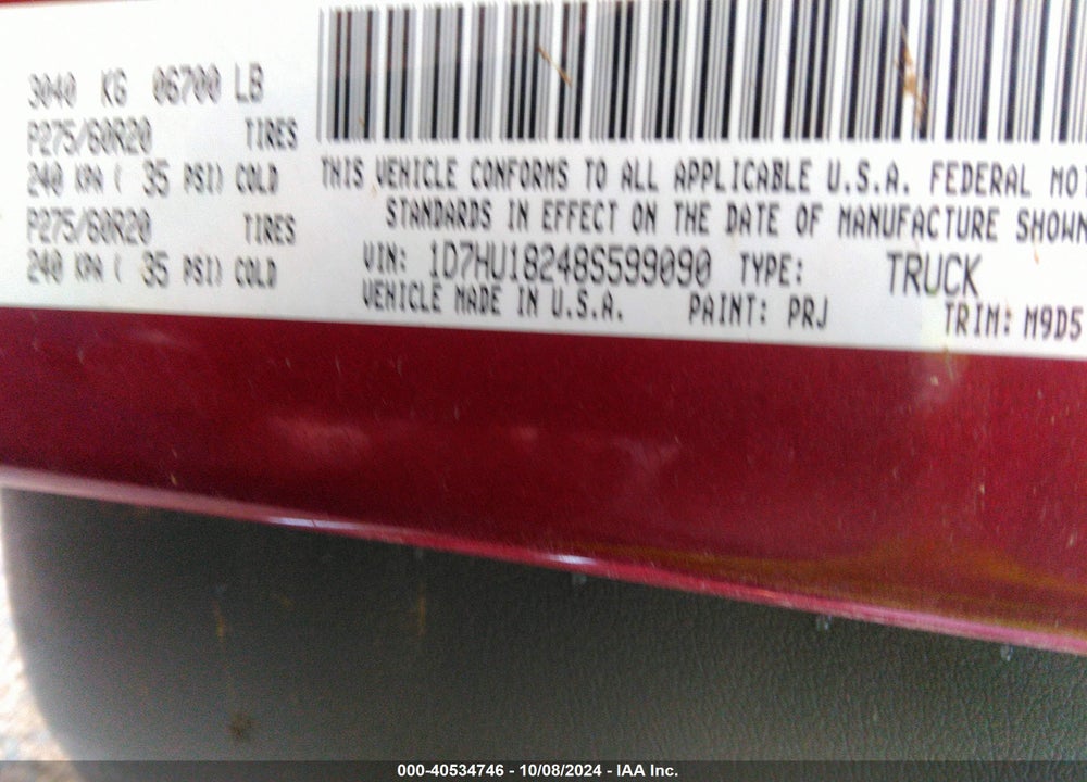 2008 DODGE RAM 1500 SLT VIN: 1D7HU18248S599090