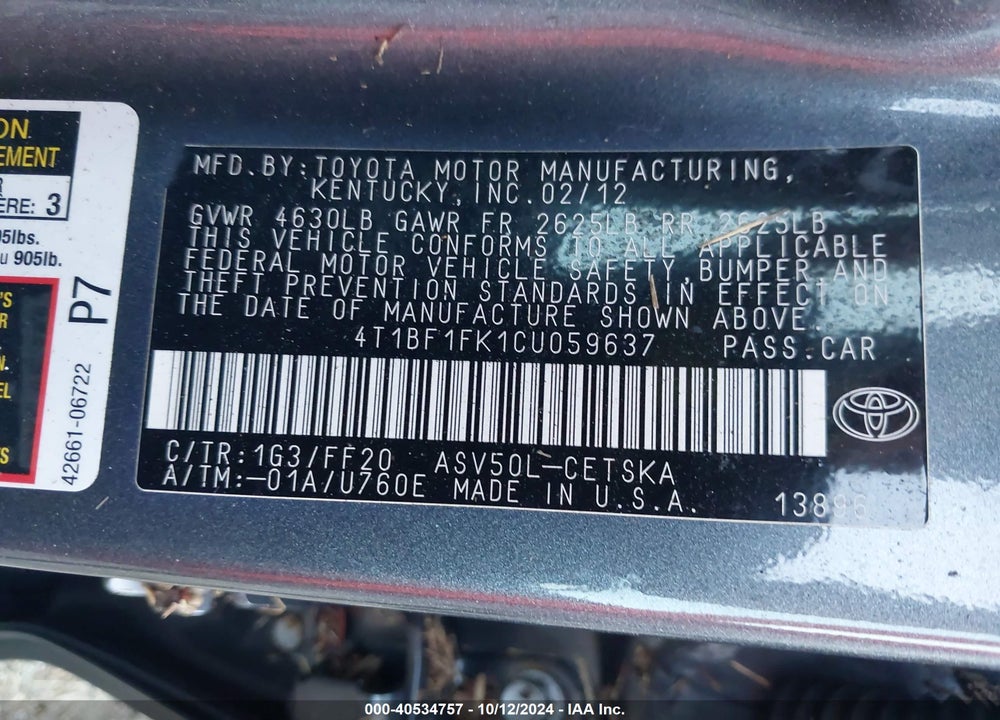 2012 TOYOTA CAMRY SE VIN: 4T1BF1FK1CU059637