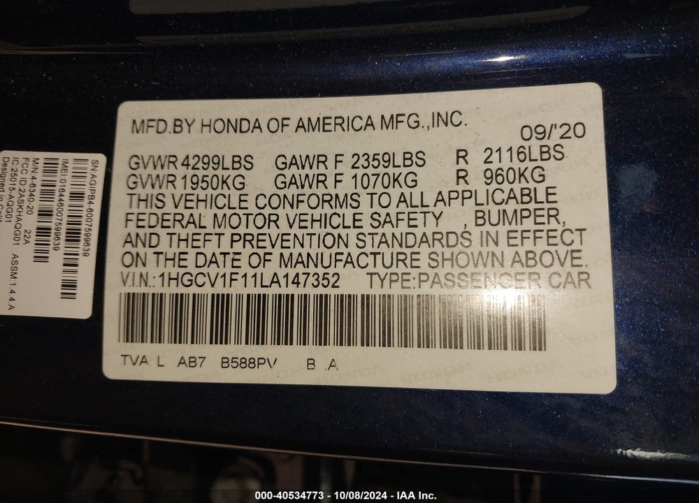 2020 HONDA ACCORD LX VIN: 1HGCV1F11LA147352