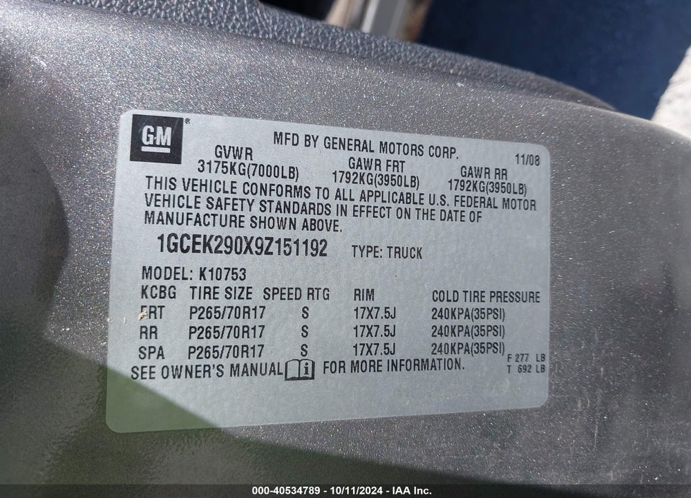 2009 CHEVROLET SILVERADO 1500 LT VIN: 1GCEK290X9Z151192