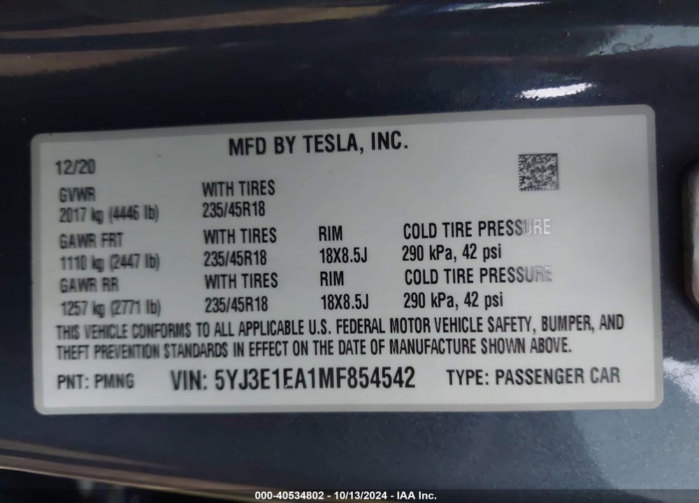 2021 TESLA MODEL 3 STANDARD RANGE PLUS REAR-WHEEL DRIVE VIN: 5YJ3E1EA1MF854542