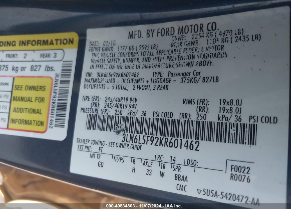 2019 LINCOLN MKZ RESERVE II VIN: 3LN6L5F92KR601462
