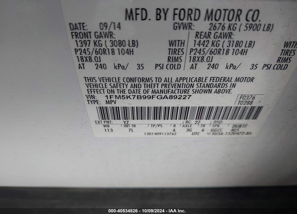 2015 FORD EXPLORER VIN: 1FM5K7B99FGA89227