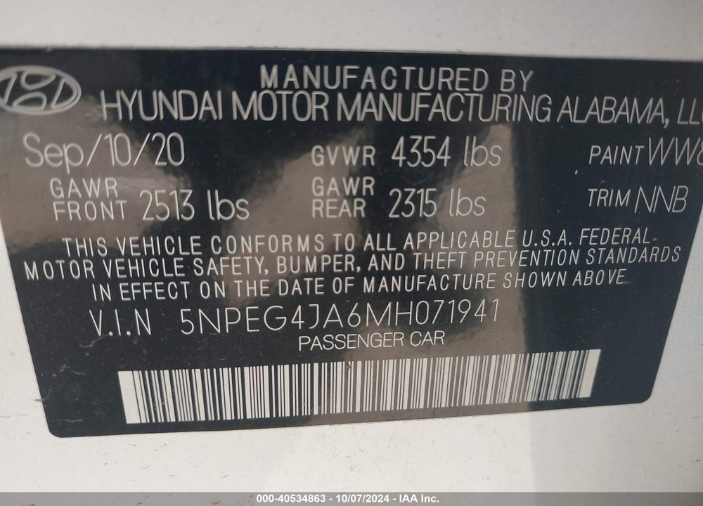 2021 HYUNDAI SONATA SE VIN: 5NPEG4JA6MH071941