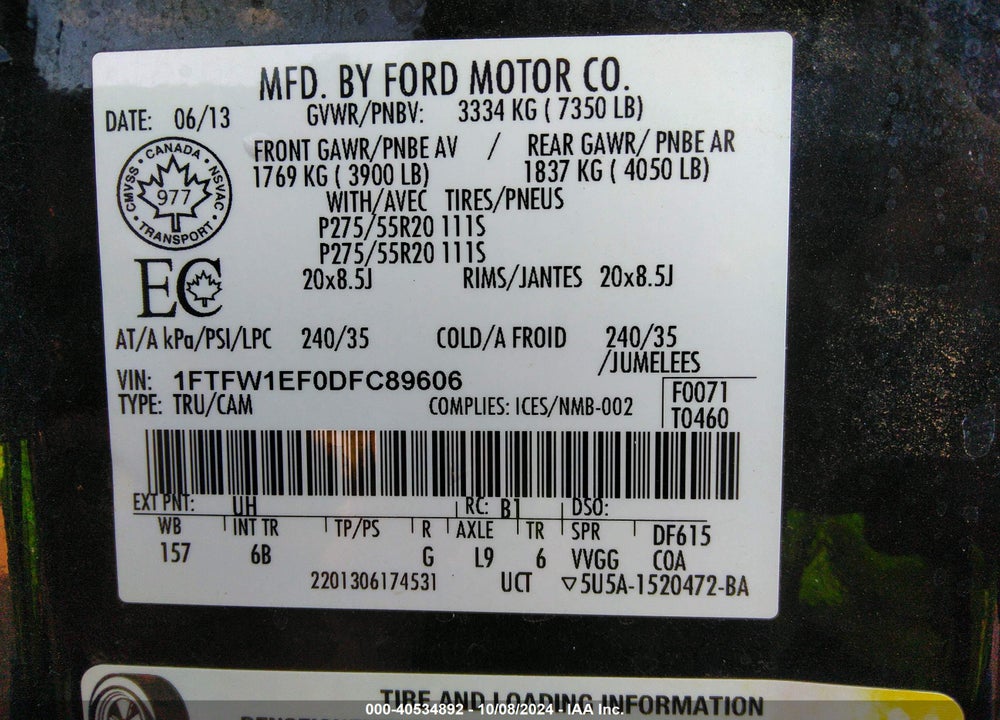 2013 FORD F-150 FX4 VIN: 1FTFW1EF0DFC89606