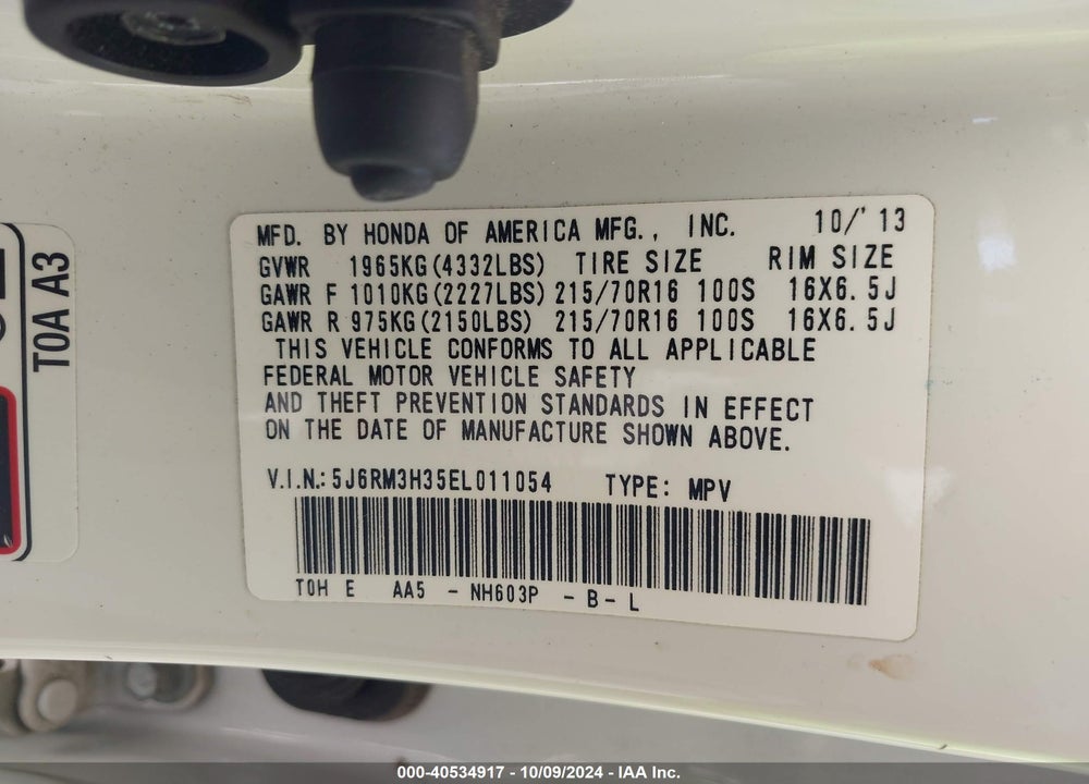 2014 HONDA CR-V LX VIN: 5J6RM3H35EL011054