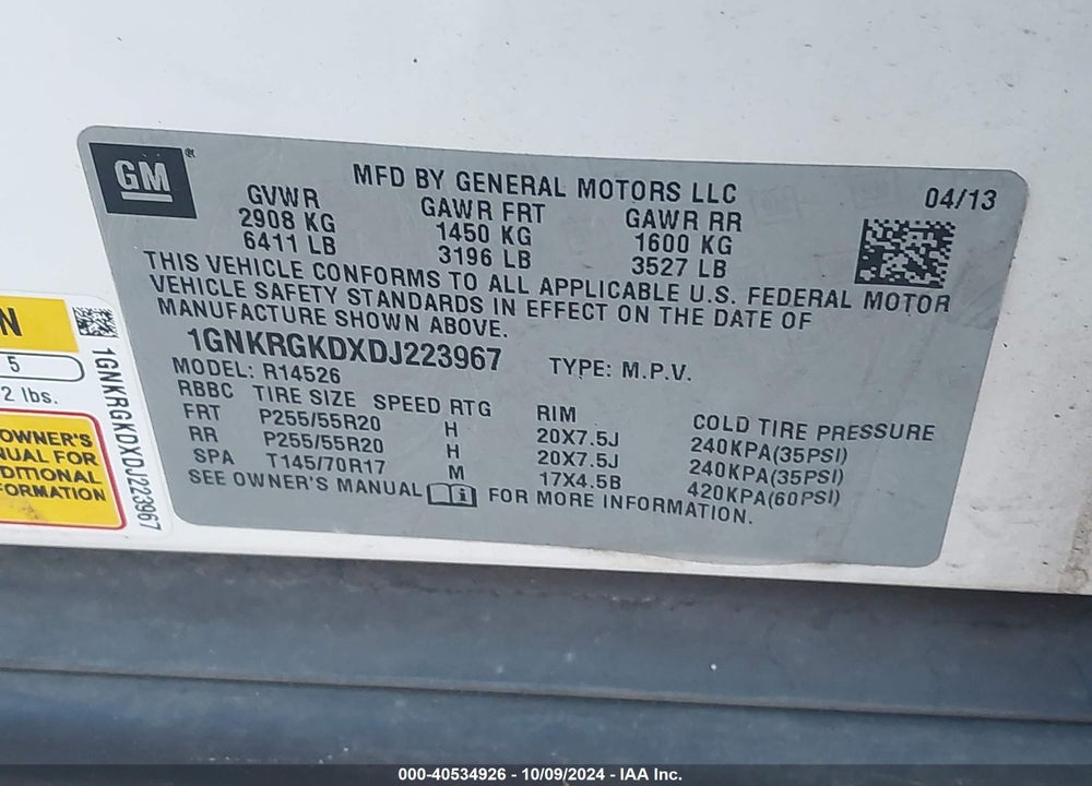 2013 CHEVROLET TRAVERSE 1LT VIN: 1GNKRGKDXDJ223967