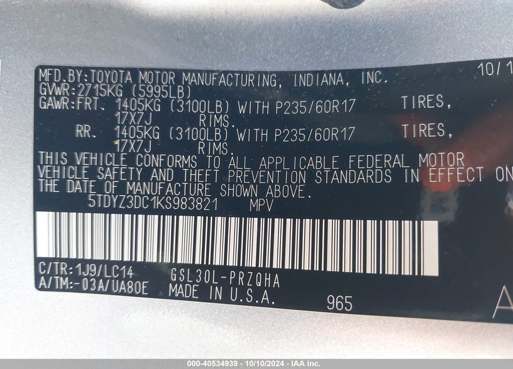 2019 TOYOTA SIENNA XLE PREMIUM 8 PASSENGER VIN: 5TDYZ3DC1KS983821