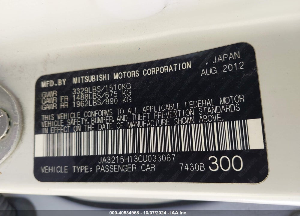2012 MITSUBISHI I-MIEV ES/SE VIN: JA3215H13CU033067