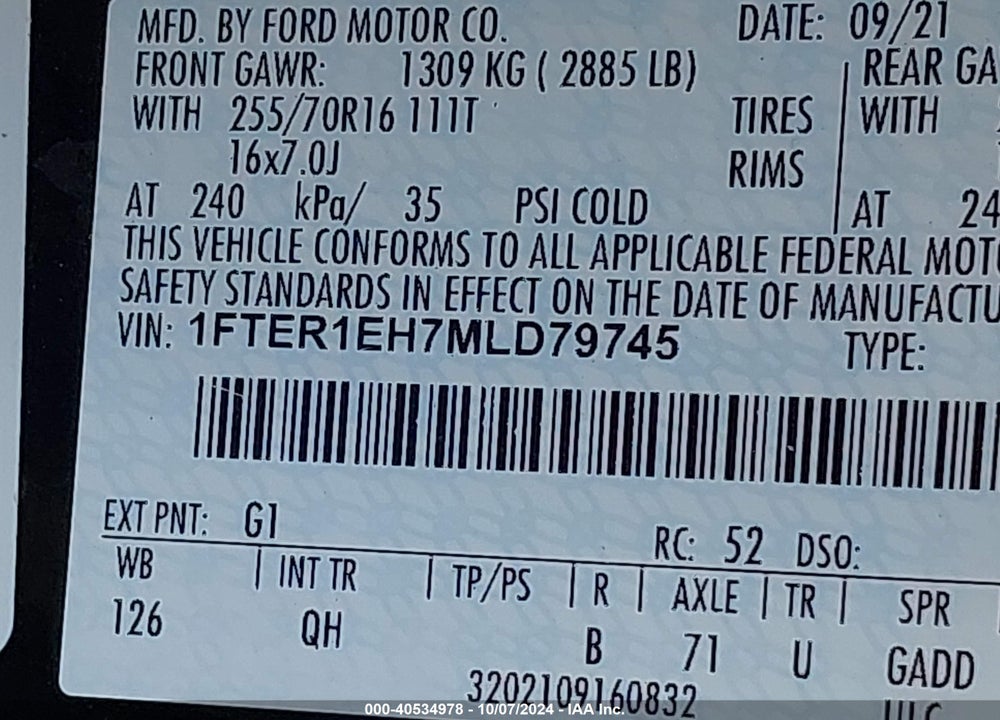 2021 FORD RANGER XL VIN: 1FTER1EH7MLD79745