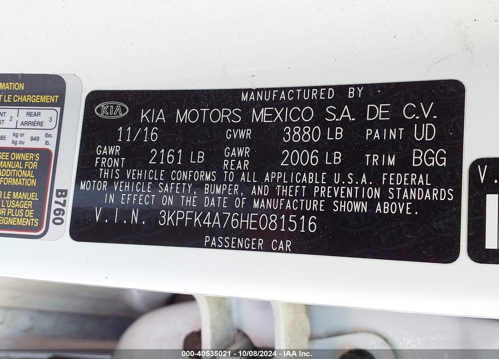 2017 KIA FORTE LX VIN: 3KPFK4A76HE081516