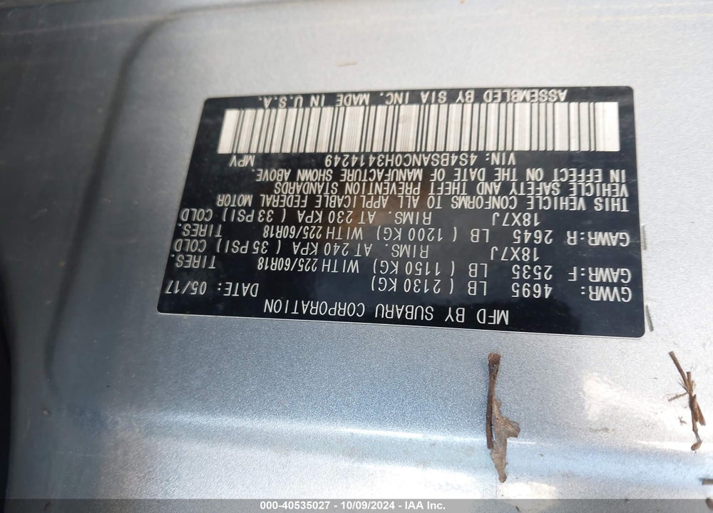 2017 SUBARU OUTBACK 2.5I LIMITED VIN: 4S4BSANC0H3414249