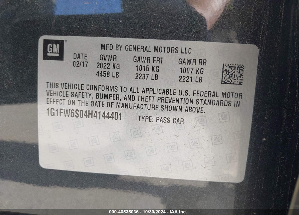 2017 CHEVROLET BOLT EV LT VIN: 1G1FW6S04H4144401